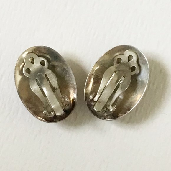 Vintage 925 Sterling Silver Black Onyx? Stone Oval Clip-On Earrings - Picture 3 of 4